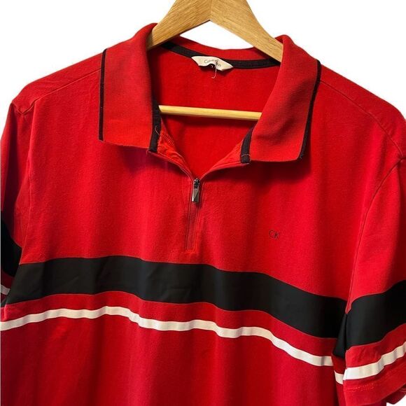 CALVIN KLEIN Red Stripe Zip Collar Collared Polo Short Sleeve Shirt L - Picture 4 of 8